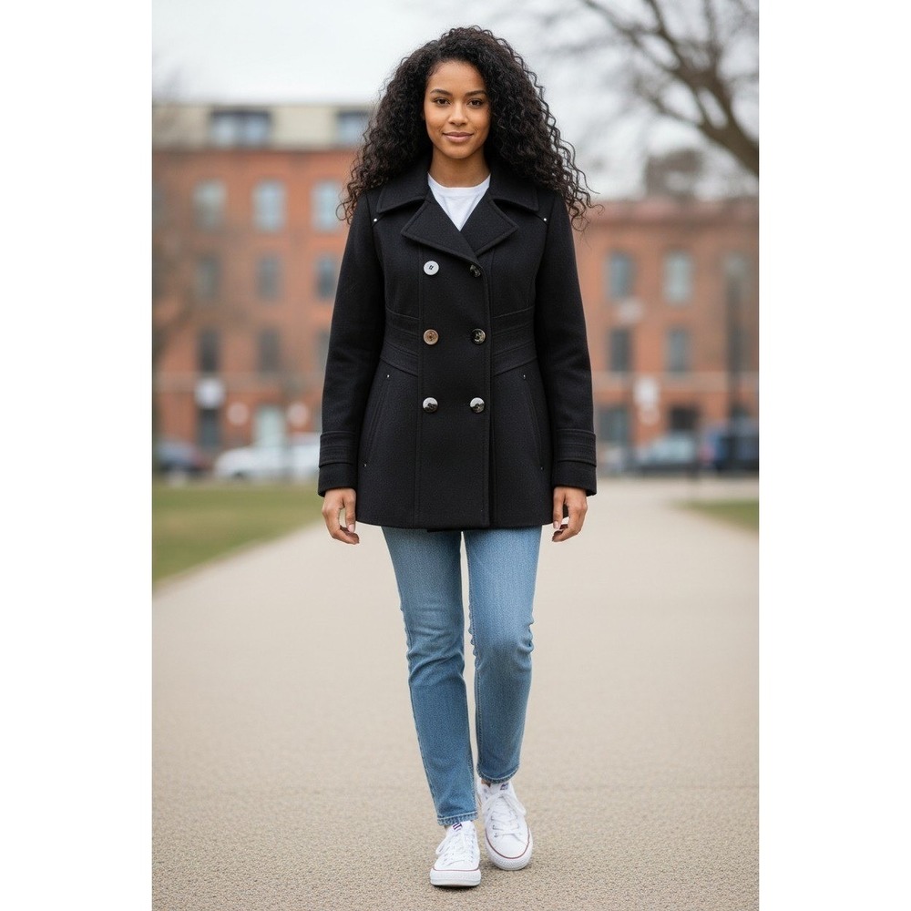 Kenneth‎ Cole New York Women's Black Wool Blend Double Breasted Pea Coat Size 8